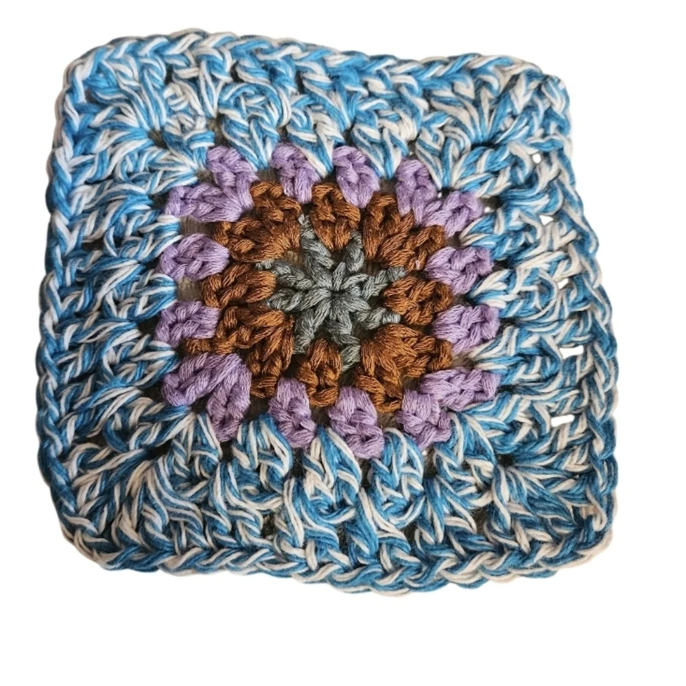 Handmade Turquoise Marl Crochet Granny Square 4-pc Coasters Set 100% Cotton